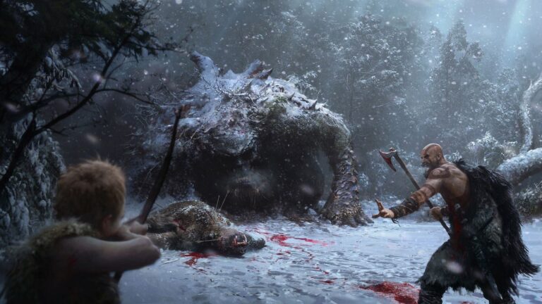 Concept art z hry God of War, Kratos a Atreus bojujú proti trollovi