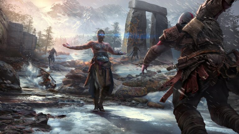 Concept art z hry God of War, Kratos a Atreus bojujú proti trollovi